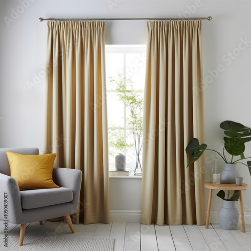 Heavy fabric curtains in modern bedroom, white walls and wooden furniture, miminal interior design