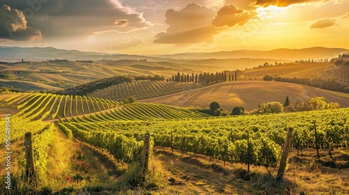 Wallpaper Mural A picturesque vineyard in Tuscany with rolling hills and grapevines under a golden sunset, rustic setting with warm hues, Rustic style Torontodigital.ca