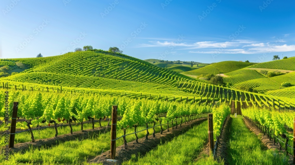 A picturesque vineyard with rolling hills and rows of grapevines under a clear blue sky, scenic setting with lush green colors, Vineyard style A picturesque vineyard with rolling hills and rows of grapevines under a clear blue sky, scenic setting with lush green colors, Vineyard style
