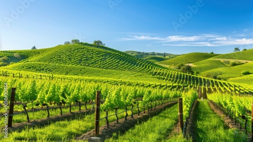 Wallpaper Mural A picturesque vineyard with rolling hills and rows of grapevines under a clear blue sky, scenic setting with lush green colors, Vineyard style Torontodigital.ca