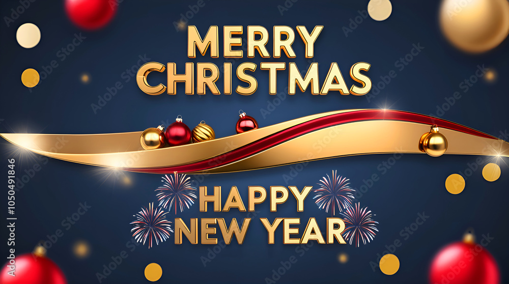 Naklejka premium Merry Christmas and Happy New Year with Gold Waves, Glittering Ornaments, and Fireworks 3D Design. Festive Banner and Web Poster, Greeting Card, Flyer and Brochure.