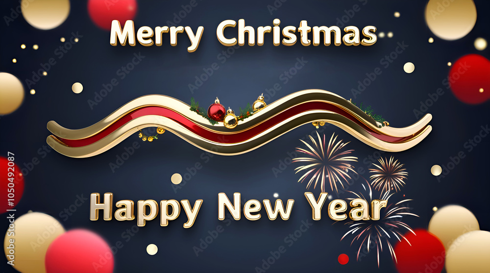 Naklejka premium Merry Christmas and Happy New Year with Gold Waves, Glittering Ornaments, and Fireworks 3D Design. Festive Banner and Web Poster, Greeting Card, Flyer and Brochure.