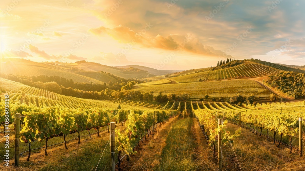 Fototapeta premium A picturesque vineyard with rows of grapevines and rolling hills, Winery setting with rural charm, Romantic style