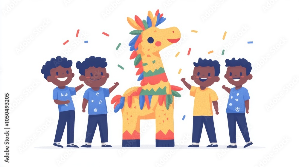Fototapeta premium Kids Celebrating with Colorful Pinata and Confetti