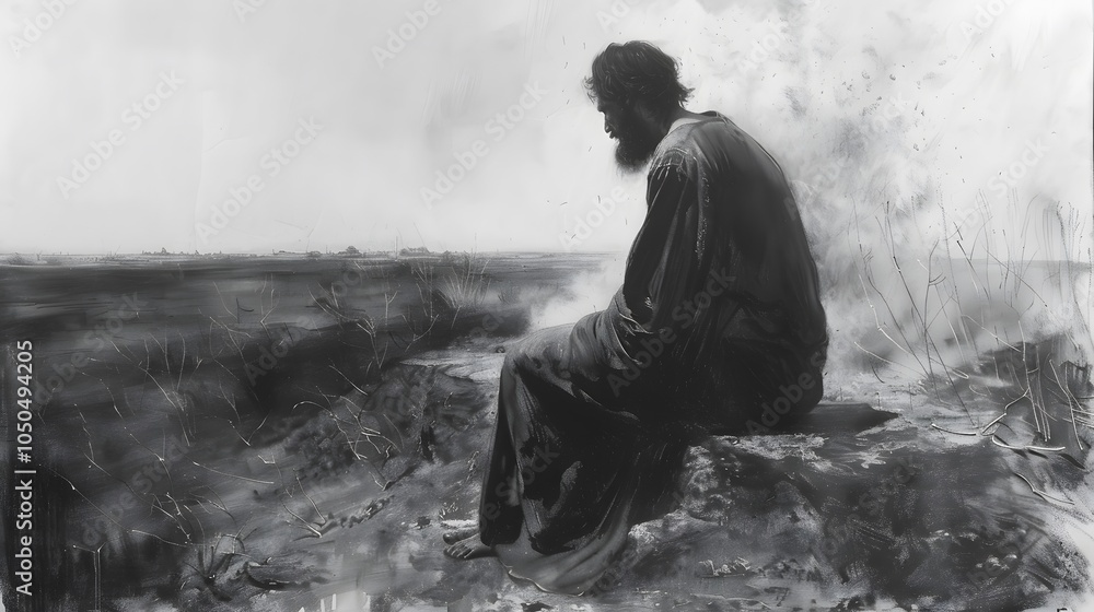 Obraz premium A charcoal drawing of Abraham constructing the altar, his figure depicted with strong lines and shadows. Isaac is drawn with softer lines, highlighting his innocence. The surrounding land is barren,