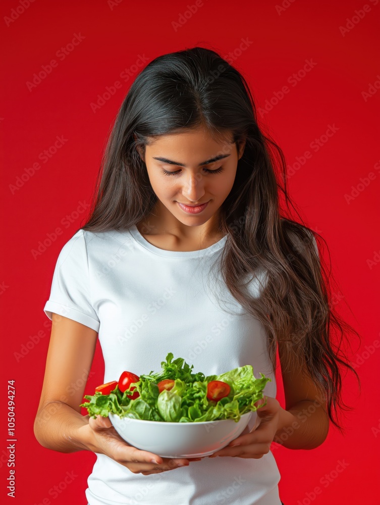 A young woman joyfully prepares a fresh salad, showcasing vibrant ingredients in a clean bowl against a bold red backdrop A young woman joyfully prepares a fresh salad, showcasing vibrant ingredients in a clean bowl against a bold red backdrop