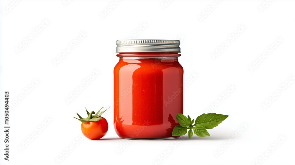 A jar of homemade tomato sauce, isolated on white background A jar of homemade tomato sauce, isolated on white background