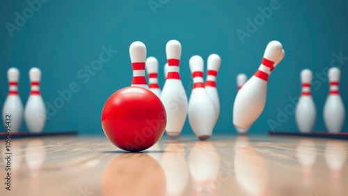 Bowlingkugel rollt auf Kegel in einer modernen Bowlingbahn

 photo