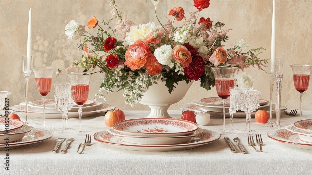 Elegant table setting with a floral centerpiece, perfect for a special occasion or gathering Elegant table setting with a floral centerpiece, perfect for a special occasion or gathering