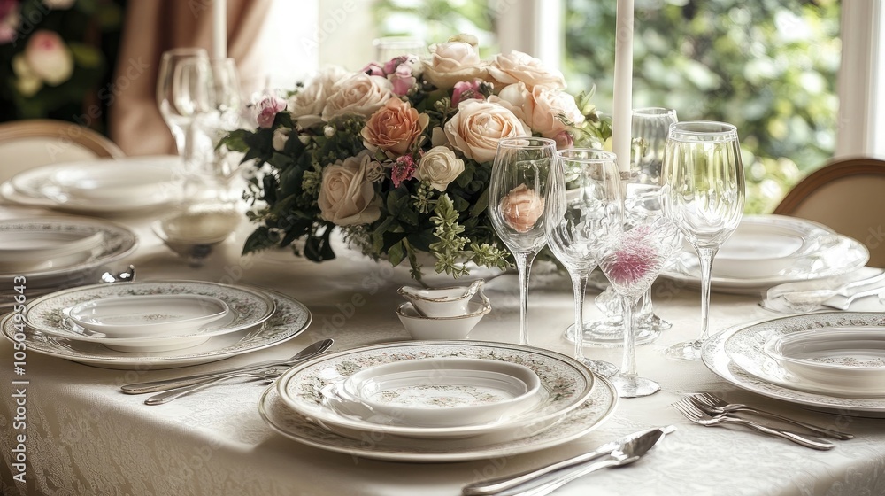 Elegant table setting with a floral centerpiece, perfect for a special occasion or gathering Elegant table setting with a floral centerpiece, perfect for a special occasion or gathering