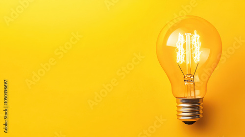 Glowing light bulb against vibrant yellow background symbolizes creativity and innovation. warm light evokes sense of inspiration and positivity