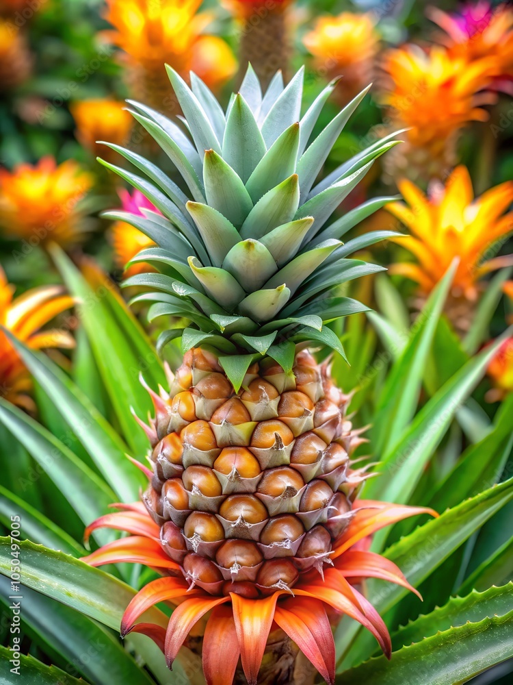 growing pineapple close-up against the background of blooming and growing pineapples growing pineapple close-up against the background of blooming and growing pineapples