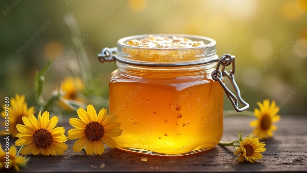 Sweet honeycomb in jar with wildflowers Sweet honeycomb in jar with wildflowers