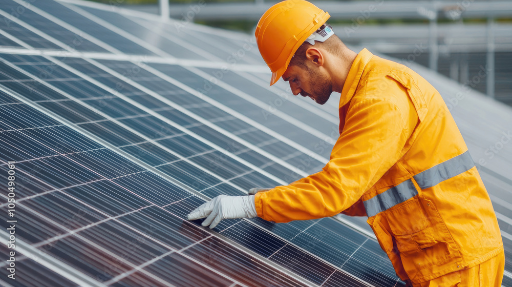 A worker in an orange uniform inspects solar panels on a rooftop, showcasing dedication to renewable energy and sustainable practices. A worker in an orange uniform inspects solar panels on a rooftop, showcasing dedication to renewable energy and sustainable practices.