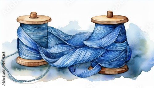 A small wooden spool with indigo thread, delicately hand-painted in watercolor. The thread g