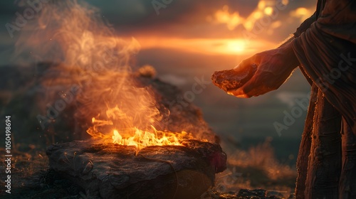 A close-up view of Abraham’s hands holding the ram gently on the stone altar as flames rise around it. Smoke swirls softly into the sky, and the light from the fire casts long shadows.