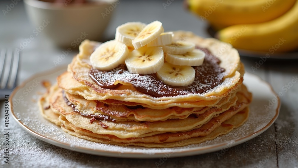 Delicious crepes with Nutella bananas and powdered sugar Delicious crepes with Nutella bananas and powdered sugar
