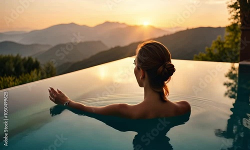 back view young adult female person enjoy relax in infinity edge luxury outdoor swimming pool looking on fog hill green mountains in warm sunset light.