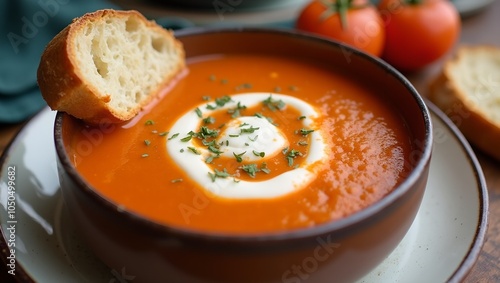 Delicious creamy tomato soup with swirl of cream served with crusty bread