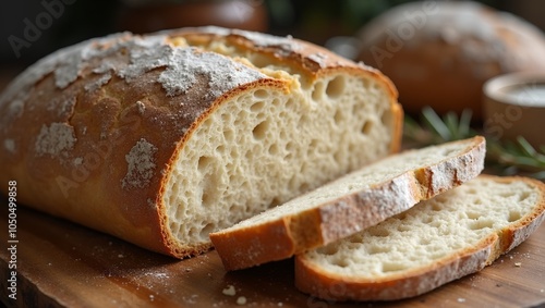 Freshly baked sourdough bread with golden crust and airy interior sliced open photo