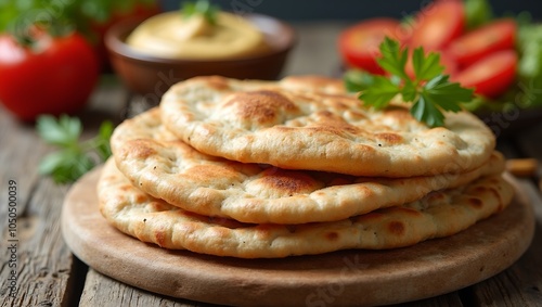 Delicious pita bread with hummus and fresh veggies for dipping