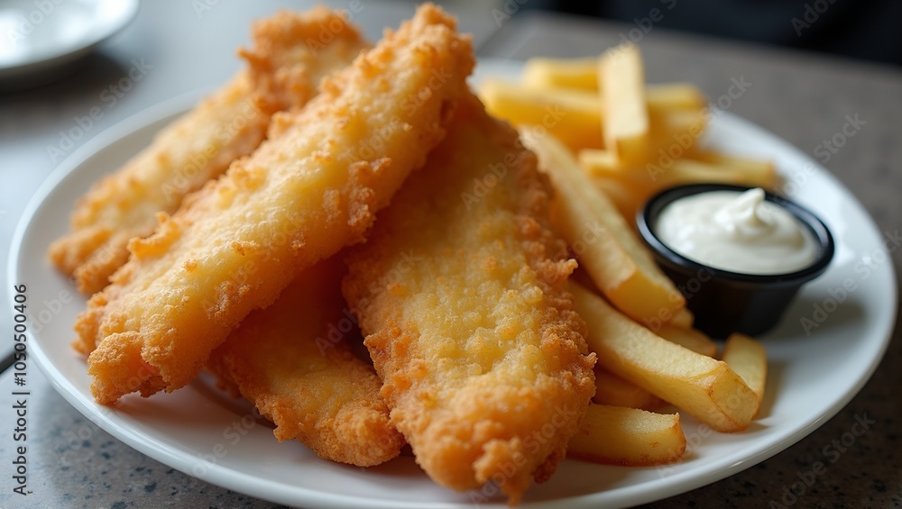 Delicious fish and chips with tartar sauce on a plate Delicious fish and chips with tartar sauce on a plate