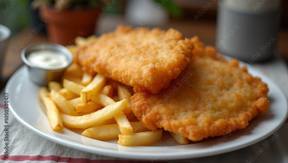 Delicious fish and chips with tartar sauce on a plate Delicious fish and chips with tartar sauce on a plate