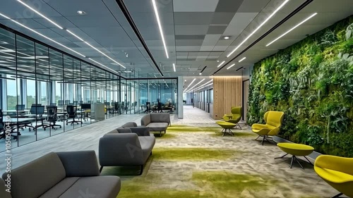 A modern office lobby features a green wall and soft seating for employees
