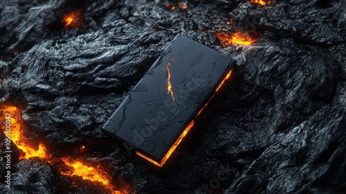 A sleek luxury packaging mockup contrasts with black lava rock and glowing embers photo