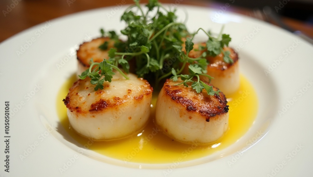 Golden seared scallops with microgreens and lemon butter sauce Golden seared scallops with microgreens and lemon butter sauce