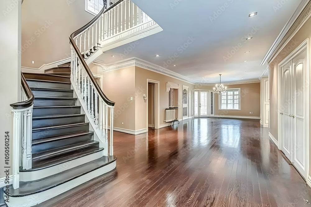 Neigbourhood Real Estate - Spacious interior with a staircase and polished wooden floors, ideal for living or entertaining. Neigbourhood Real Estate - Spacious interior with a staircase and polished wooden floors, ideal for living or entertaining.