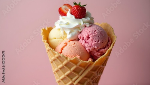 Colorful ice cream in bubble waffle cone with whipped cream  strawberries photo