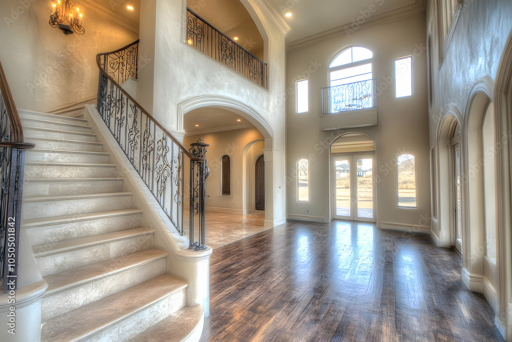 Neigbourhood Real Estate - Elegant interior of a spacious home featuring a grand staircase and large windows. Neigbourhood Real Estate - Elegant interior of a spacious home featuring a grand staircase and large windows.