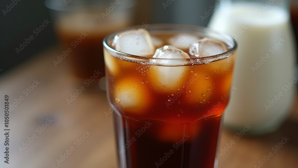 Refreshing cold brew coffee with ice cubes in a glass accompanied by a pitcher of milk Refreshing cold brew coffee with ice cubes in a glass accompanied by a pitcher of milk