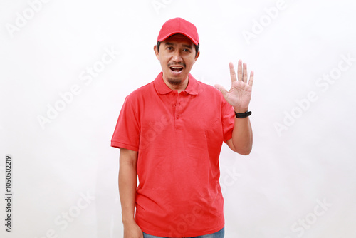 Professional delivery employee man wear red cap t-shirt uniform workwear work as dealer courier showing five fingers isolated on white background. Service concept photo