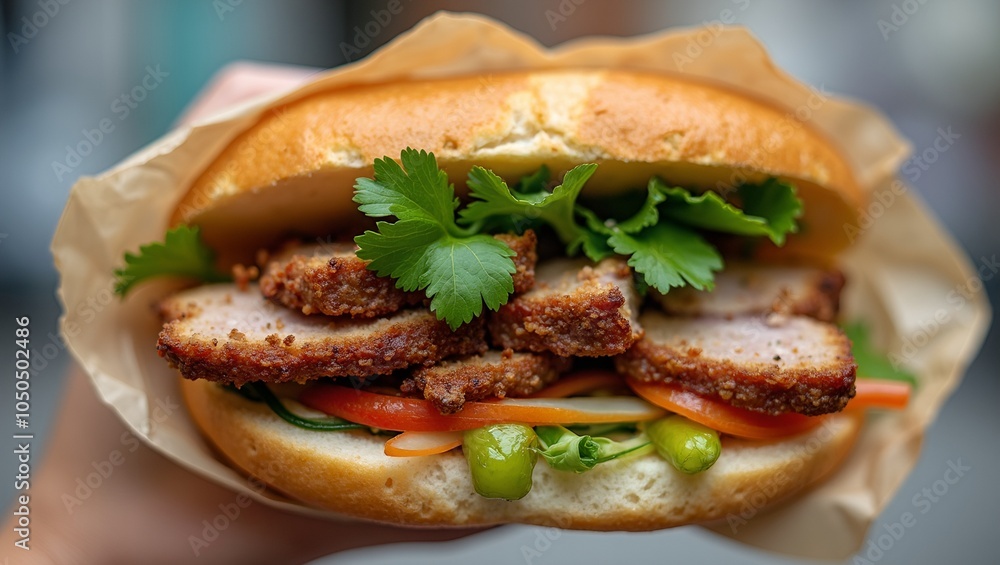 Delicious Banh Mi sandwich with grilled pork and pickled veggies on crispy baguette Delicious Banh Mi sandwich with grilled pork and pickled veggies on crispy baguette