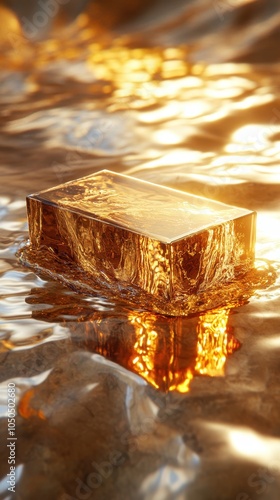 A high-end packaging mockup is submersed halfway in molten gold, reflecting light and elegance photo