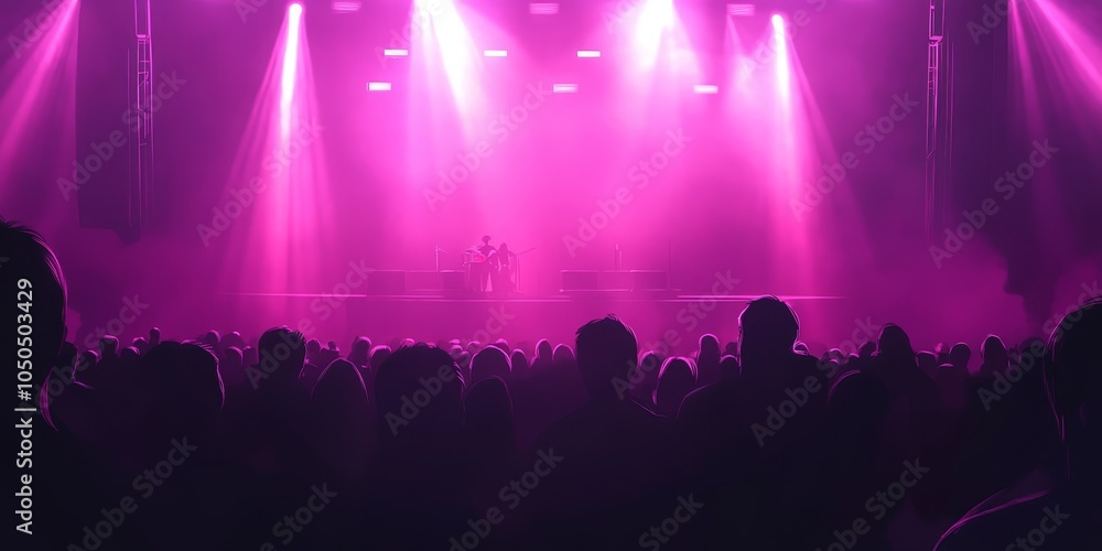 Fényképezés Crowd enjoying live rock music concert with pink stage lights illuminating music