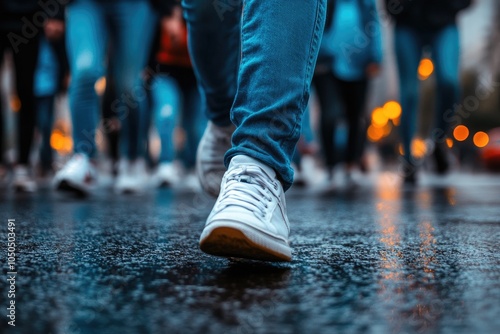 Group of people walking on wet street at night