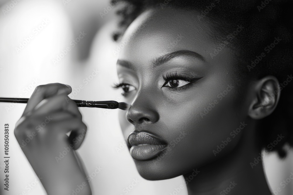 Obraz premium Beautiful black woman applying makeup with brush in black and white