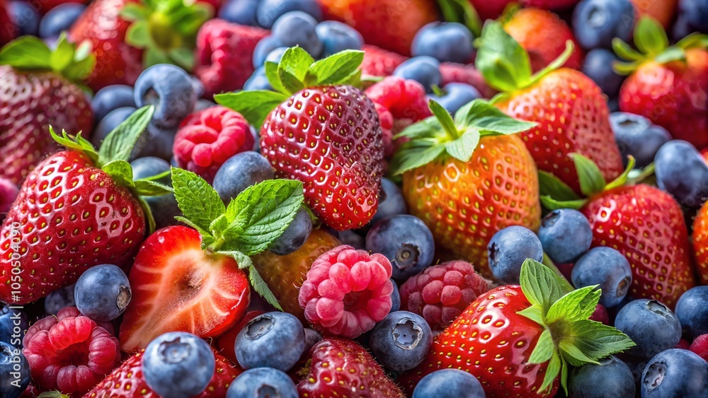 Fototapeta premium Assorted Fresh Berries with Basil Leaves