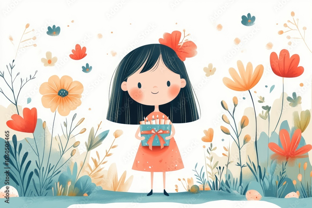 Happy birthday girl holding gift surrounded by flowers illustration Happy birthday girl holding gift surrounded by flowers illustration