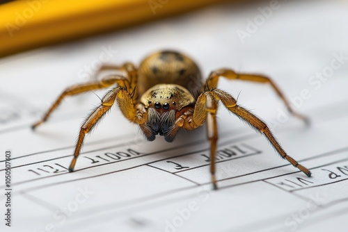 Spider crawling on spreadsheet with pencil nearby