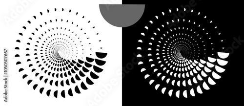 Abstract background with semicircles in circle. Art design spiral as logo or icon. A black figure on a white background and an equally white figure on the black side.
