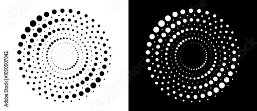 Modern abstract background. Halftone dots in circle form. Round logo. Vector dotted frame. Design element or icon. Black shape on a white background and the same white shape on the black side.