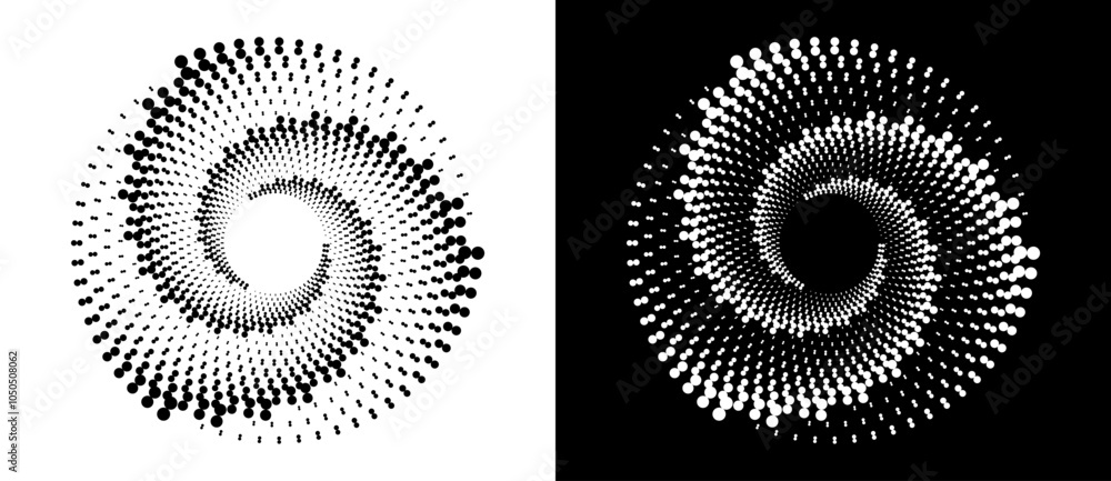 Modern abstract background. Halftone dots in circle form. Spiral logo, icon or design element. Black dots on a white background and white dots on the black side. Modern abstract background. Halftone dots in circle form. Spiral logo, icon or design element. Black dots on a white background and white dots on the black side.