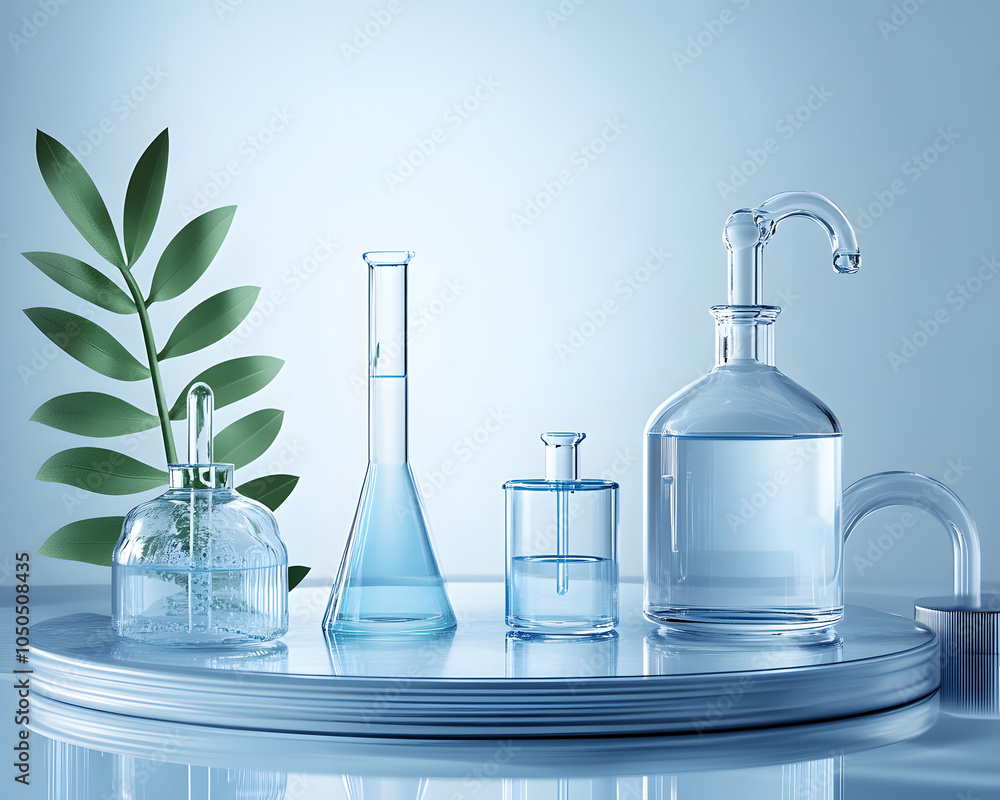 Cosmetic scientific skincare background materials, podium display with glass flask, Laboratory 3d rendering Background. Cosmetic scientific skincare background materials, podium display with glass flask, Laboratory 3d rendering Background.