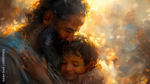Fototapeta Naklejka Na Ścianę i Meble -  A stylized painting of Abraham embracing Isaac, his face showing a mixture of relief and love, while Isaac smiles, tears glistening on his cheeks. A warm, heavenly glow envelops them,