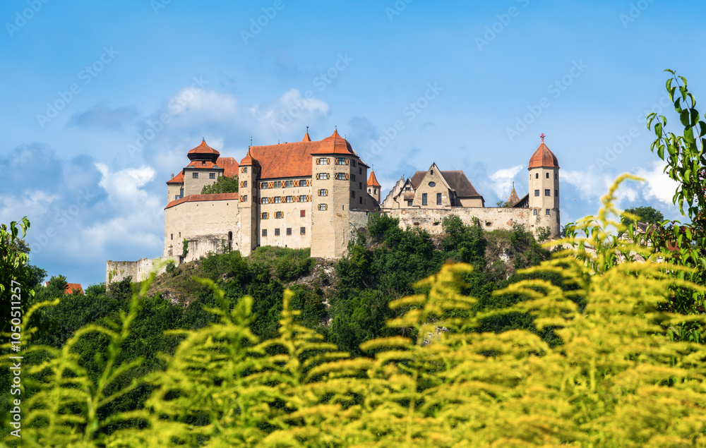 A historic castle of Harburg in Germany with red-tiled roofs situated on a hilltop, surrounded by lush greenery. A historic castle of Harburg in Germany with red-tiled roofs situated on a hilltop, surrounded by lush greenery.