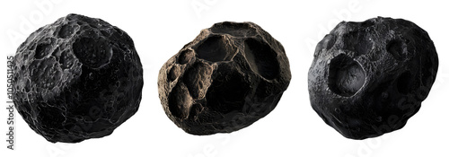 Collection of Three Black Asteroid isolated on Transparent Background